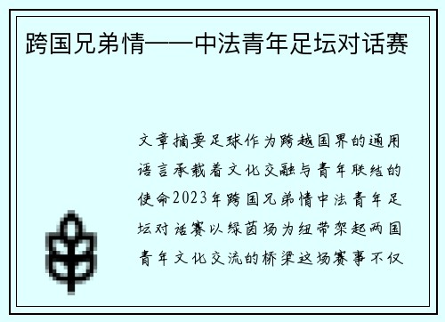 跨国兄弟情——中法青年足坛对话赛