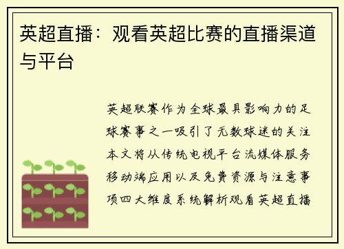 英超直播：观看英超比赛的直播渠道与平台